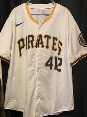 MLB Pittsburgh Pirates White and Gold Nike Button-Up Jersey #42
